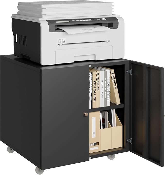 Mobile Mobile Printer Stand with Storage, Lateral Filing Cabinet with Adjustable Shelf, Under Desk Black Small Rolling Printer Table Work Cart with Wheels Organizer Spaces for Office