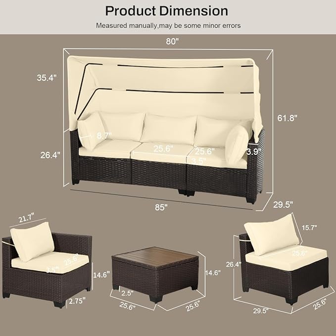 6 PCS Outdoor Patio Furniture Set,Sectional Sofa Set,Rattan Daybed with Retractable Canopy,Adjustable Backrest,Storage Coffee Table,Chaise Chair Sunbed for Porch Garden Poolside Backyard(Beige)