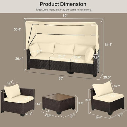 6 PCS Outdoor Patio Furniture Set,Sectional Sofa Set,Rattan Daybed with Retractable Canopy,Adjustable Backrest,Storage Coffee Table,Chaise Chair Sunbed for Porch Garden Poolside Backyard(Beige)