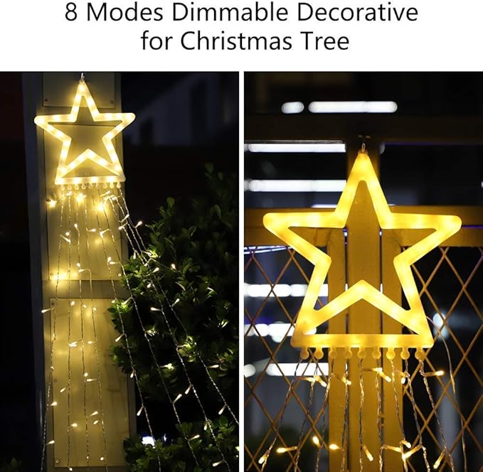 PUHONG Christmas Decoration Outdoor Star String Lights,16.4Ft Christmas Tree Toppers Lights 320 LED 8 Memory Modes with 14" Lighted Star for Halloween Christmas New Year Holiday Birthday(Warm White)