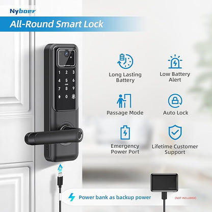 WiFi Video Smart Door Lock: Fingerprint Door Lock with Camera- Keyless Entry Door Lock with Handle - Electronic Digital Door Lock with Keypad - WiFi Smart Lock for Front Door, Black, H3 Pro