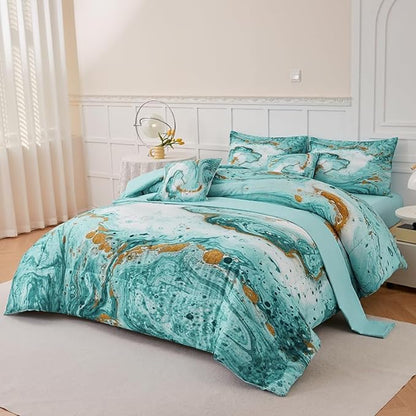 Marble Green Comforter Set Queen,7Pcs Light Green and Gold Comforter,Light Green Tie Dye Bedding Sets Queen Bed in a Bag,Green Marble Comforter Sets,Bedroom Decoration Queen 7Pcs
