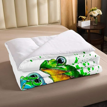 Erosebridal Cartoon Frog Comforter Set Full Size, Green Tie Dye Down Comforter, Tree Branch Quilted Duvet,Animal Soft Duvet Insert for Kid Adult, White Room Decor Reversible All Season