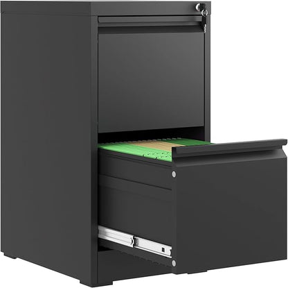 2 Drawer File Cabinet with Lock, Metal Vertical Filing Cabinets for Home Office, Steel Storage Cabinet for Hanging Legal/Letter Size Files, Assembly Required (Black)