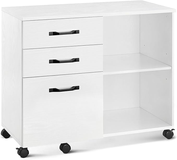VASAGLE Lateral File Cabinet, Home Office Printer Stand, with 3 Drawers and Open Storage Shelves, for A4, Letter-Size Documents, White, 15.7”D x 31.5”W x 26”H