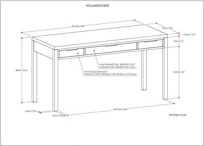 SIMPLIHOME Hollander Solid Wood Contemporary 60 Inch Wide Desk in White, for The Office Desk, Writing Table, Workstation and Study Table Distressed Dark Brown