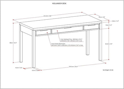 SIMPLIHOME Hollander Solid Wood Contemporary 60 Inch Wide Desk in White, for The Office Desk, Writing Table, Workstation and Study Table Distressed Dark Brown