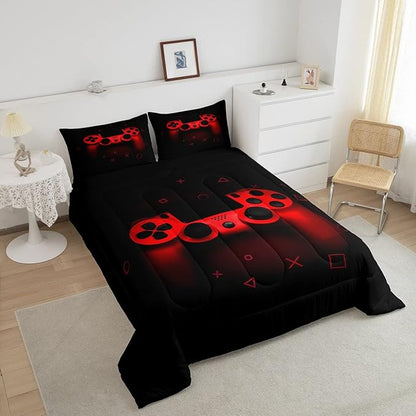 Boys Gamer Comforter Set Full Size,Gamepad Bedding Set Kids Young Man Video Games Down Comforter for Teen Child Game Room Decor Black Red Classic Retro Gaming Quilted Duvet Set with Pillowcase