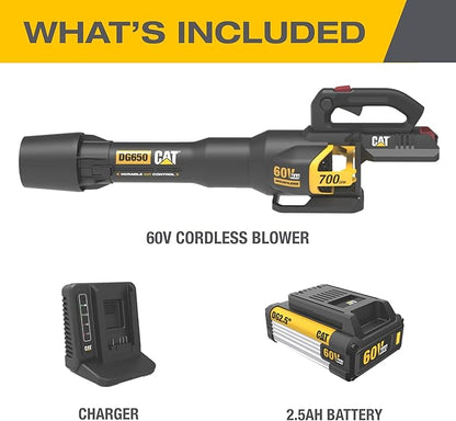 Cat DG650 60V 700 CFM 135 MPH Leaf Blower Cordless with Battery and Charger,Adjustable Speed Blowers for Lawn Care,Lightweight Cordless Leaf Blower with Variable Air Control Battery&Charger Include