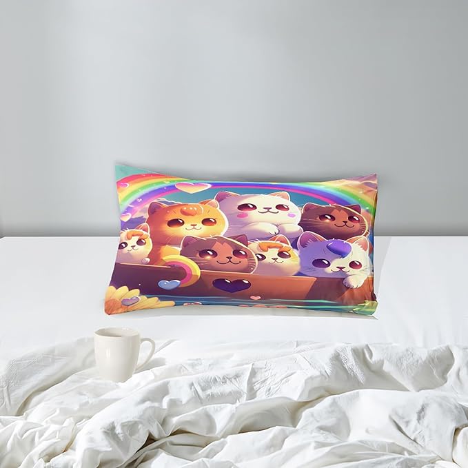 Cat Comforter Set, Cute Cat Bedding Set, Twin Size Comforter Set for Girls Cat Comforter Cartoon Cat Rainbow Printed Bedding Sets for Kids Girls Kawaii Cat Bedding Sets, 1 Comforter+1 Pillowcase