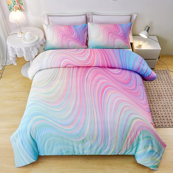 Comforter Set for Girls,Rainbow Comforter Set Full,Pink Comforter Set,Tie Dye Bedding,Kids Bedding Set for Girls,Teen Girl Comforter Set,Blue Pink Comforter for Kids