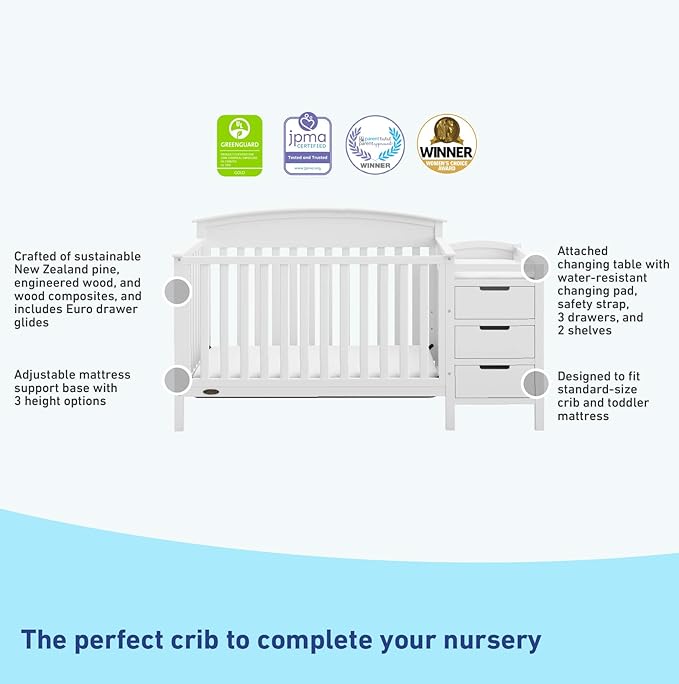 Graco Benton 4-in-1 Convertible Crib and Changer (White) – Crib and Changing Table Combo, Includes Water-Resistant Changing Pad, 3 Drawers, Converts to Toddler Bed, Daybed and Full-Size Bed