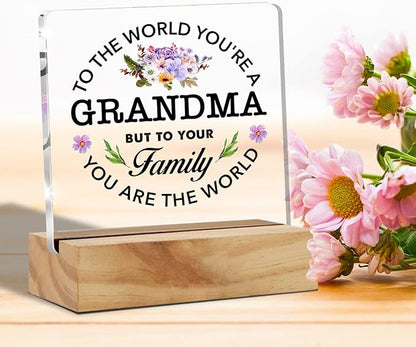 Best Grandma Gifts Floral Grandma You are the World Quote Decorative Desk Decor Grandma Acrylic Desk Plaque Sign with Wood Stand Home Office Desk Sign Keepsake Present