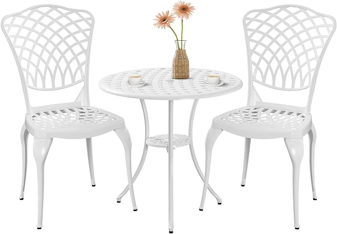 3 Piece Outdoor Bistro Set, Cast Aluminum Bistro Table and Chairs, Rust-Resistant Patio Furniture Set, White Bistro Set 3 Piece Outdoor for Garden, Backyard, Balcony