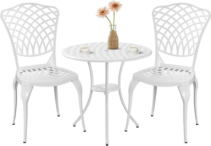 3 Piece Outdoor Bistro Set, Cast Aluminum Bistro Table and Chairs, Rust-Resistant Patio Furniture Set, White Bistro Set 3 Piece Outdoor for Garden, Backyard, Balcony