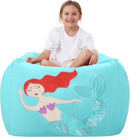 Aubliss Unicorn Stuffed Animal Storage Bean Bag Chair for Kids, Velvet Extra Soft Beanbag Chairs Cover, X-Large Stuffable Zipper Bean Bag for Organizing Plush Toys Girls Bedroom Decor,Cyan