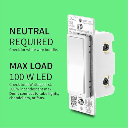 Zooz 800 Series Z-Wave Long Range S2 Dimmer Switch ZEN77 800LR, White | Simple Direct 3-Way and 4-Way Solution (Works with Regular Switches, No Aux Switch Needed) | Z-Wave Hub Required