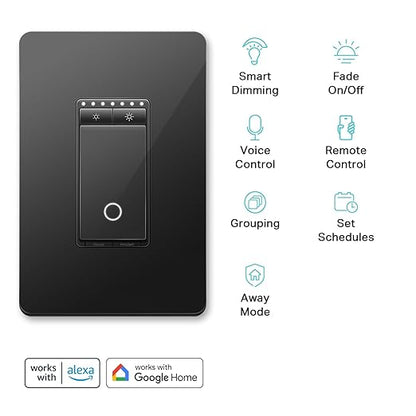 Kasa Smart Dimmer Switch HS220, Single Pole, Needs Neutral Wire, 2.4GHz Wi-Fi Light Switch Compatible with Alexa and Google Home, UL Certified, No Hub Required, Black