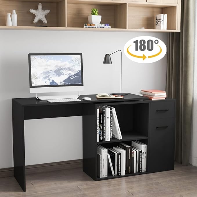 L-Shaped Rotating Computer Desk with Storage Shelves 68 inch Home Office Desk Corner with Drawers and File Cabinet Multipurpose Study Writing Table for Bedroom Small Space Black