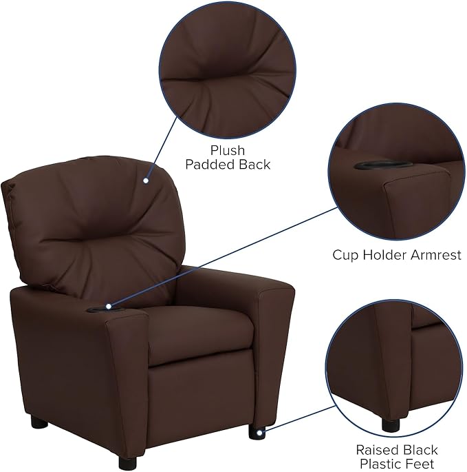 Flash Furniture Chandler LeatherSoft Kids Recliner with Cup Holder and Safety Recline, Contemporary Reclining Chair for Kids, Supports up to 90 lbs., Brown