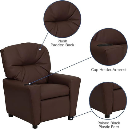 Flash Furniture Chandler LeatherSoft Kids Recliner with Cup Holder and Safety Recline, Contemporary Reclining Chair for Kids, Supports up to 90 lbs., Brown