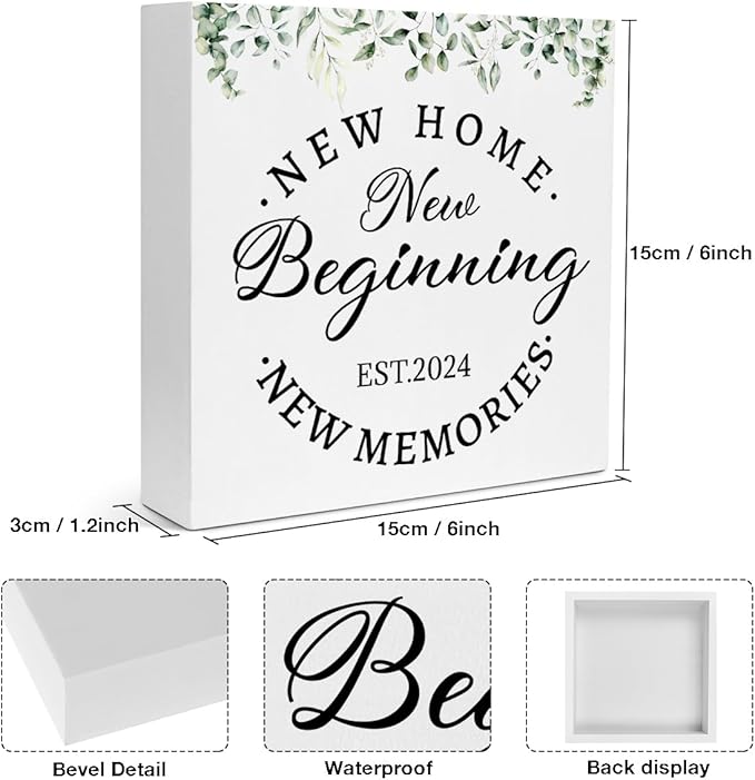 Creoate Housewarming Gifts New Home Decor New Home New Memories Wooden Box Sign Rustic Housewarming White Block Sign Home Décor Accents Living Room Shelf Desk Decoration 5.9 x 5.9 Inches Gift (White)