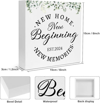Creoate Housewarming Gifts New Home Decor New Home New Memories Wooden Box Sign Rustic Housewarming White Block Sign Home Décor Accents Living Room Shelf Desk Decoration 5.9 x 5.9 Inches Gift (White)