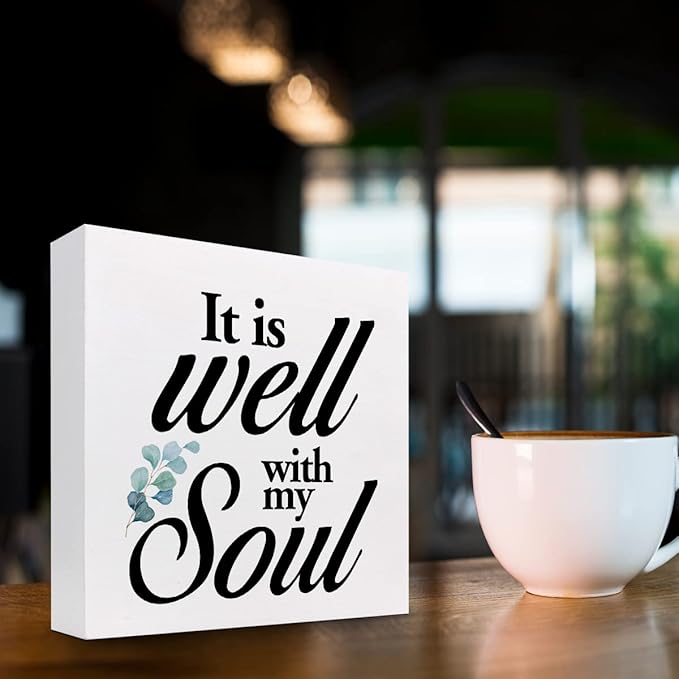 Christian Quote It Is Well With My Soul Wood Box Sign,Holy Bible Quote Decor Desk Sign,Inspirational Song and Hymn Wooden Block Sign for Home Bedroom Office Shelf Tabletop
