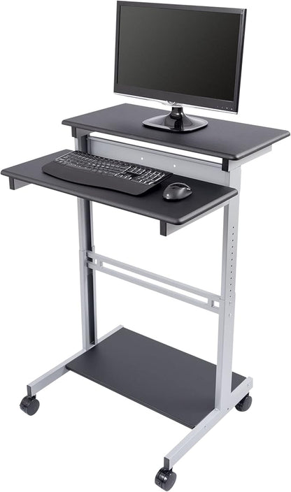 S STAND UP DESK STORE Rolling Adjustable Height Two Tier Standing Desk Computer Workstation (Silver Frame/Black Top, 32 Wide)