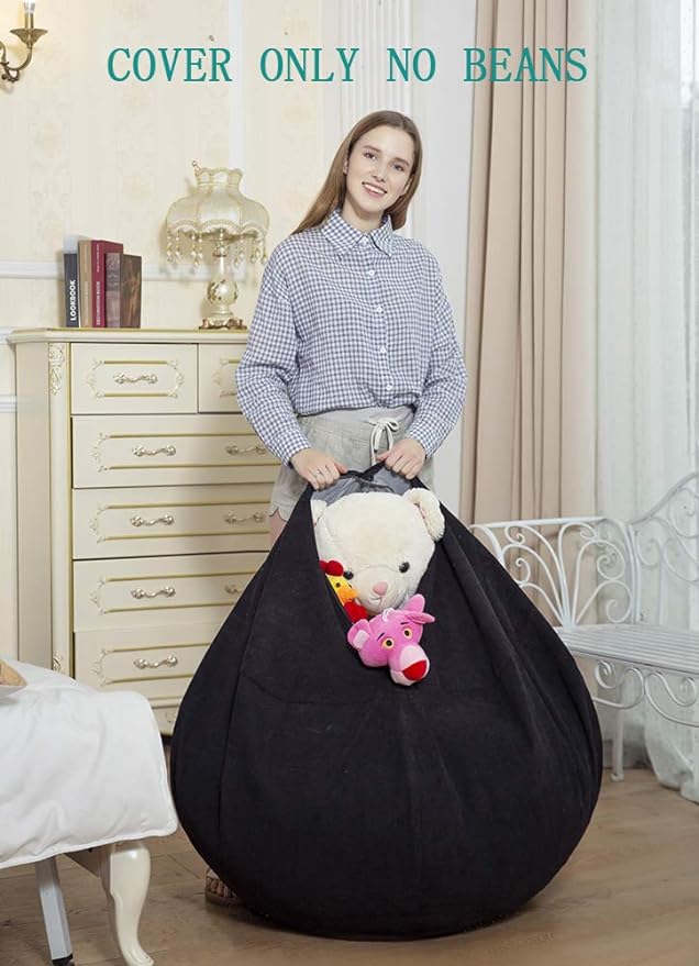 Stuffed Animal Storage Bean Bag Chair Cover (No Beans) for Kids and Adults.Soft Premium Corduroy Stuffable Beanbag for Organizing Children Plush Toys or Memory Foam Extra Large 300L (Black)