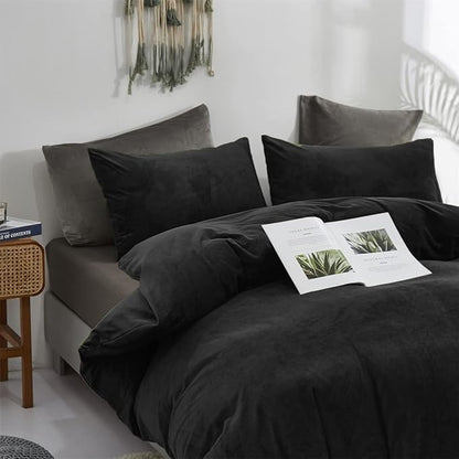Wellboo Black Velvet Comforter Sets Full Solid Black Fluffy Bedding Comforters Women Men Plain Dark Color Flannel Quilt Modern Minimalist All Black Comforters Full Size Micromink Sherpa Plush Bedding