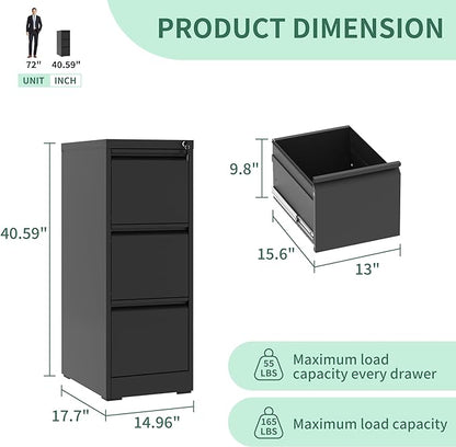 3 Drawer File Cabinet with Lock, Metal Vertical Filing Cabinets for Home Office, Steel Storage Cabinet for Hanging Legal/Letter Size Files, Assembly Required (Black)
