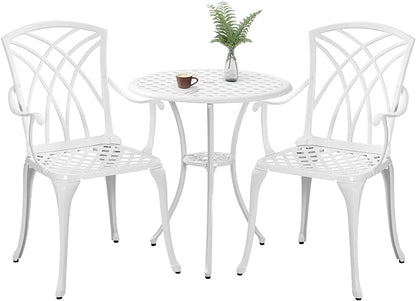 White Bistro Table and Chairs Set of 2, Cast Aluminum White Bistro Set Outdoor, Patio Bistro Sets with Umbrella Hole, Round Back Yard Set for Porch Balcony Garden