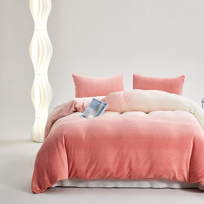 Pink White Gradient Comforter Set Cal King Pink Velvet Bedding Comforter Modern Plain White and Pink Gradient Soft Quilt Farmhouse Flannel Comforter Women Warm California King Bed Comforter