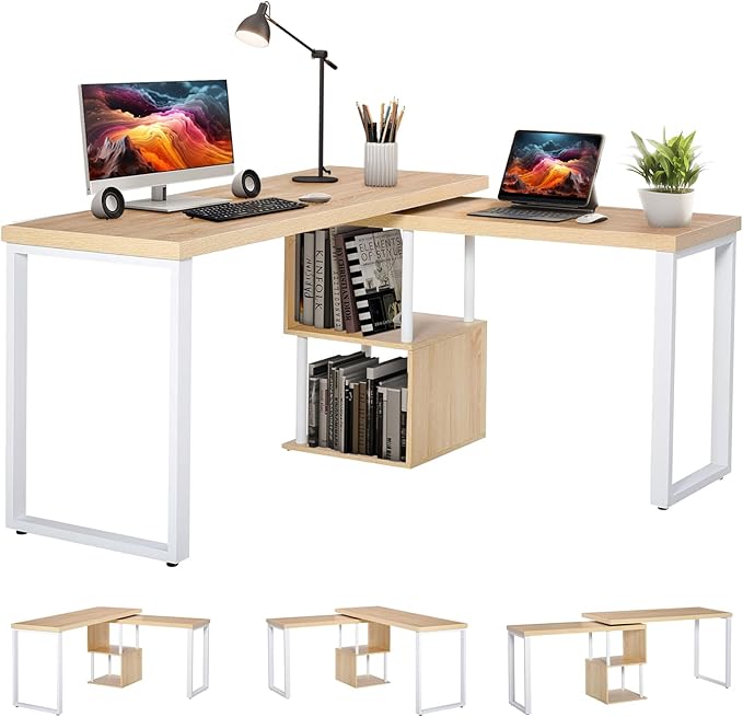 Airdown 55 Inch Reversible L Shaped Home Office Computer Desk with 2-Tier Storage Shelf for Bedroom, Dorm, Study Room, Light Oak