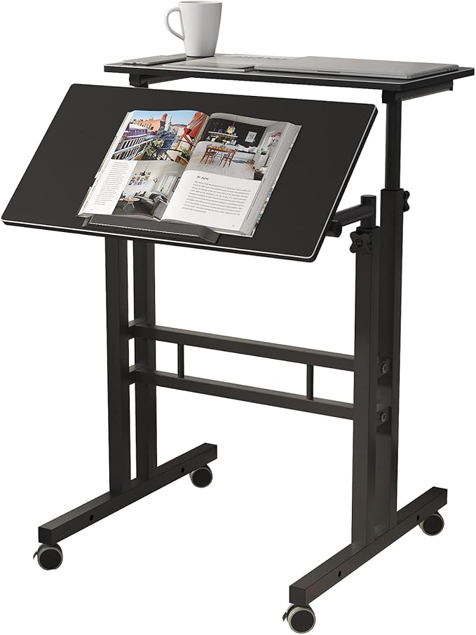 DlandHome Mobile Standing Desk Stand Up Desk Rolling Desk, Stand Sit Desk Mobile Computer Desk Adjustable Standing Desk 23.6inches Table Workstation Mobile Desk Cart Tray Black