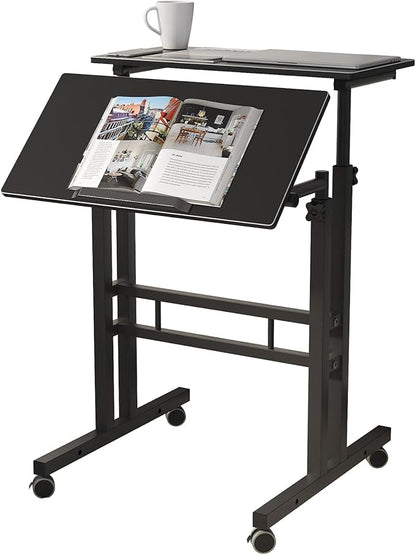 DlandHome Mobile Standing Desk Stand Up Desk Rolling Desk, Stand Sit Desk Mobile Computer Desk Adjustable Standing Desk 23.6inches Table Workstation Mobile Desk Cart Tray Black