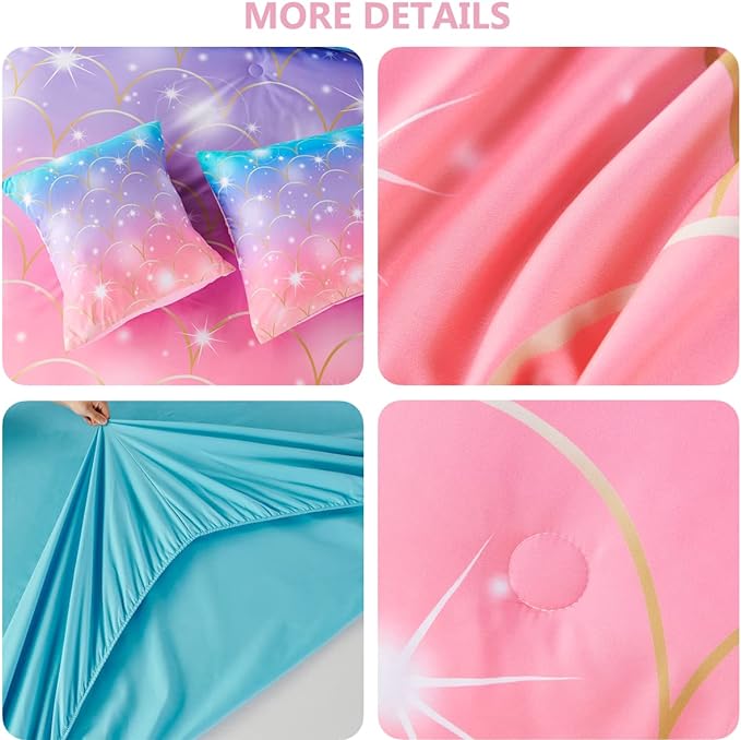 PERFEMET Mermaid Print Full Size Comforter Set for Girls, 6 Piece Colorful Tie Dye Teen Girl Bedding Set, Pink Purple Ombre Cute Bed in A Bag Comforter Set with Sheets