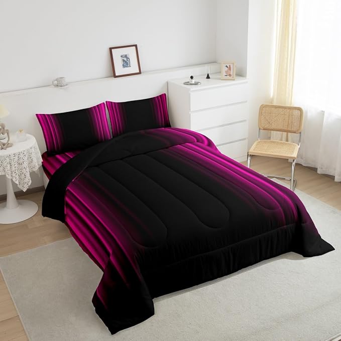 Geometric Abstract Ombre Bedding Bed Set Men Adults Teens Rose Red Black Striped Comforter Set Kids Boys Girls Simple Modern Comforter Collection 3Pcs King Size Boys