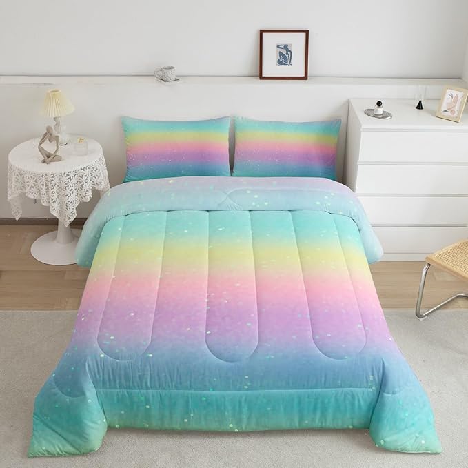 Erosebridal Blue Gradient Bedding Rainbow Tie Dye Bedding Comforter Sets for Kids Boys Girls Bedroom, Galaxy Glitter Comforter Set Pastel Watercolor Sparkle Quilt with 2 Pillowcases, Queen
