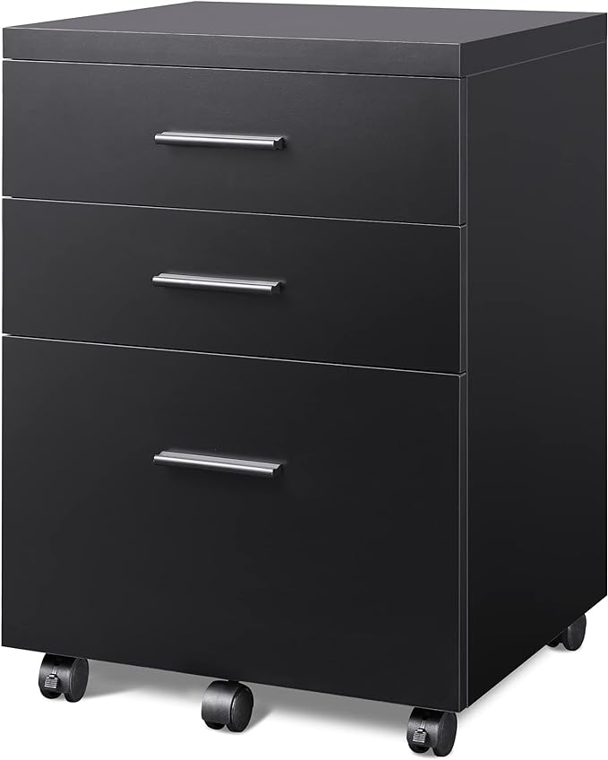 DEVAISE 3 Drawer File Cabinet for Home Office, Wood Under Desk Filing Cabinet, Rolling Printer Stand with Wheels, Black