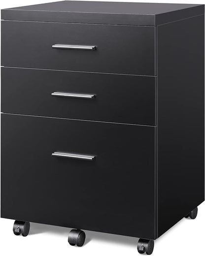 DEVAISE 3 Drawer File Cabinet for Home Office, Wood Under Desk Filing Cabinet, Rolling Printer Stand with Wheels, Black