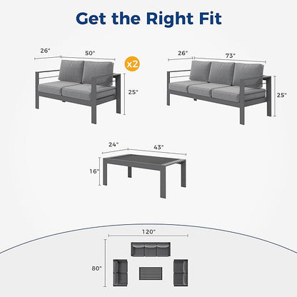 Wisteria Lane Aluminum Outdoor Patio Furniture Set, Modern Patio Conversation Sets, Outdoor Sectional Metal Sofa with 5 Inch Cushion and Coffee Table for Balcony, Garden, Dark Grey