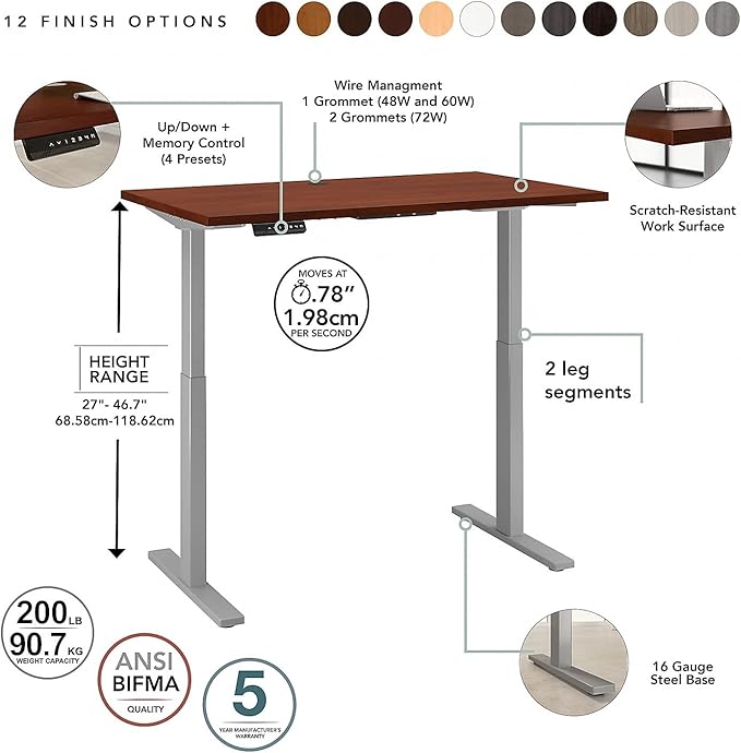 Bush Business Furniture Move 60 Series Electric Ergonomic Sit-Stand Computer Table for Home and Professional Office, 60W x 30D, Hansen Cherry