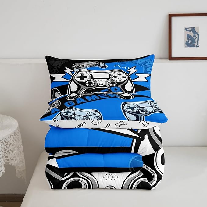 Erosebridal Gaming Comforter Sets for Boys Kids Video Game Comforter Set,Gamer Bedding Set Blue Black Quilt Duvet Set Men Boys Bedroom Decor,King Size 3Pcs