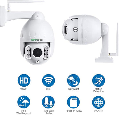 SV3C 1080P Outdoor PTZ WiFi Camera, ONVIF Security IP Camera with Auto Tracking, 197ft HD Night Vision, 5X Optical Zoom, Two-Way Audio, Waterproof, Compatible with Blue Iris, SD Card Slot, CamHiPro