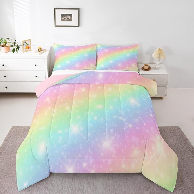 Erosebridal Rainbow Bedding Set for Kids Girls Teens Women Tie Dye Pastel Comforter Set Twin Size Golden Stars Glitter Bedding Comforter Set Watercolor Art Girly Quilt Set Sweet Bedroom Decor 2 Piece