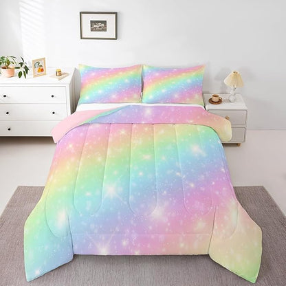 Erosebridal Rainbow Bedding Set for Kids Girls Teens Women Tie Dye Pastel Comforter Set Twin Size Golden Stars Glitter Bedding Comforter Set Watercolor Art Girly Quilt Set Sweet Bedroom Decor 2 Piece