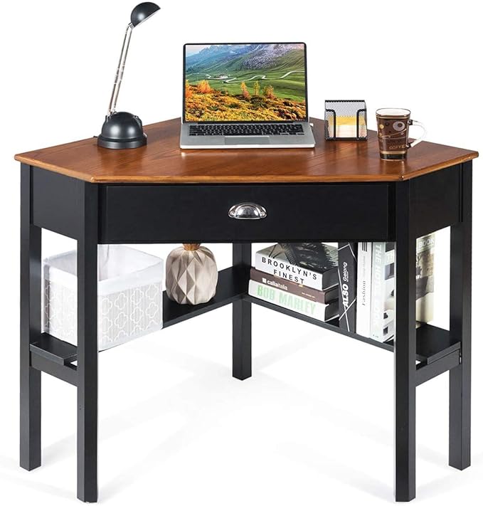 Nightcore Small, Wood Computer Desk, Compact Writing w/Drawer & Storage Shelves, Space Saving Study Workstation, Laptop PC Corner Table, Coffee