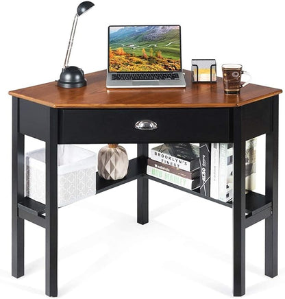 Nightcore Small, Wood Computer Desk, Compact Writing w/Drawer & Storage Shelves, Space Saving Study Workstation, Laptop PC Corner Table, Coffee